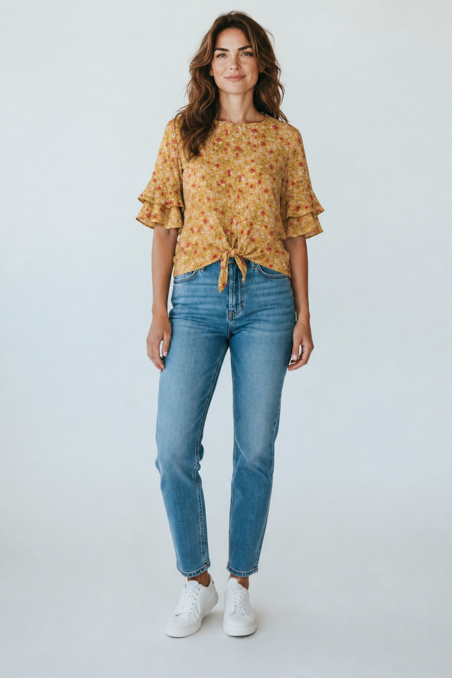 Sara Michele Floral Ruffle Sleeve Tie Front Blouse